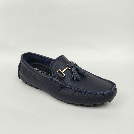 Mocasín de cuero azul con moño