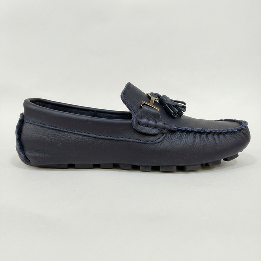 Mocasín de cuero azul con moño