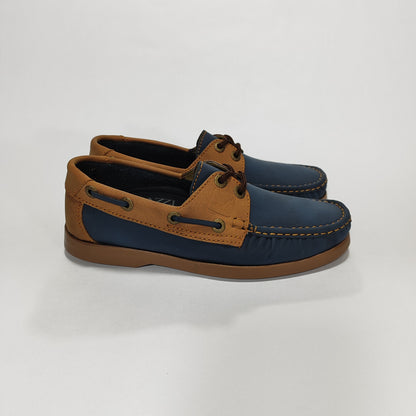 Zapato apache azul con talón y laterales miel, vista lateral