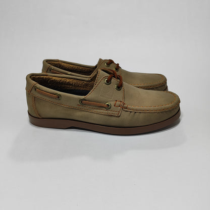 Zapato apache beige con suela color miel, vista lateral izquierda