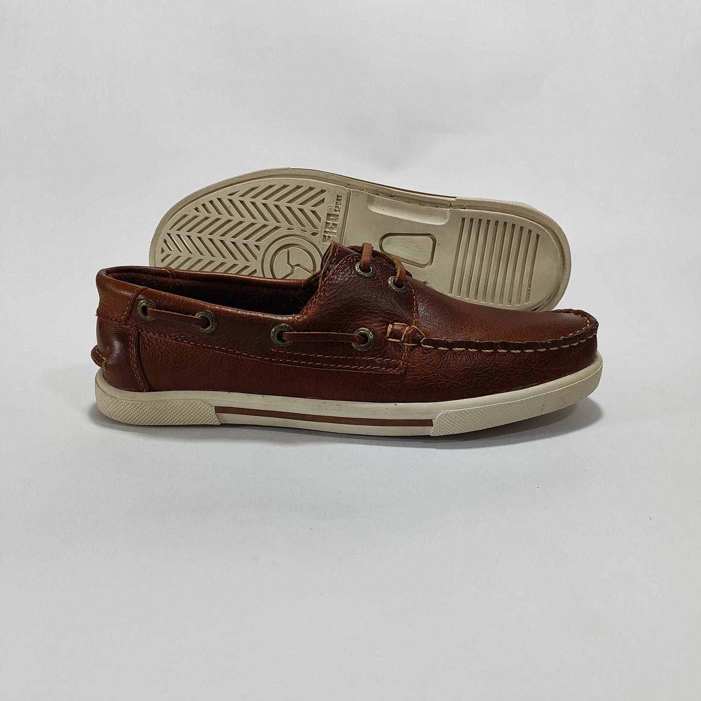 Apaches náuticos cuero coñac con suela blanca ranurada, vista posterior/lateral