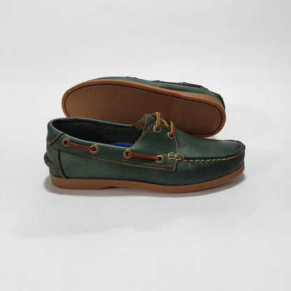 Apaches náuticos verde con refuerzos color miel, vista posterior/lateral