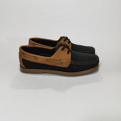 Zapato apache negro con laterales color miel, vista lateral externa